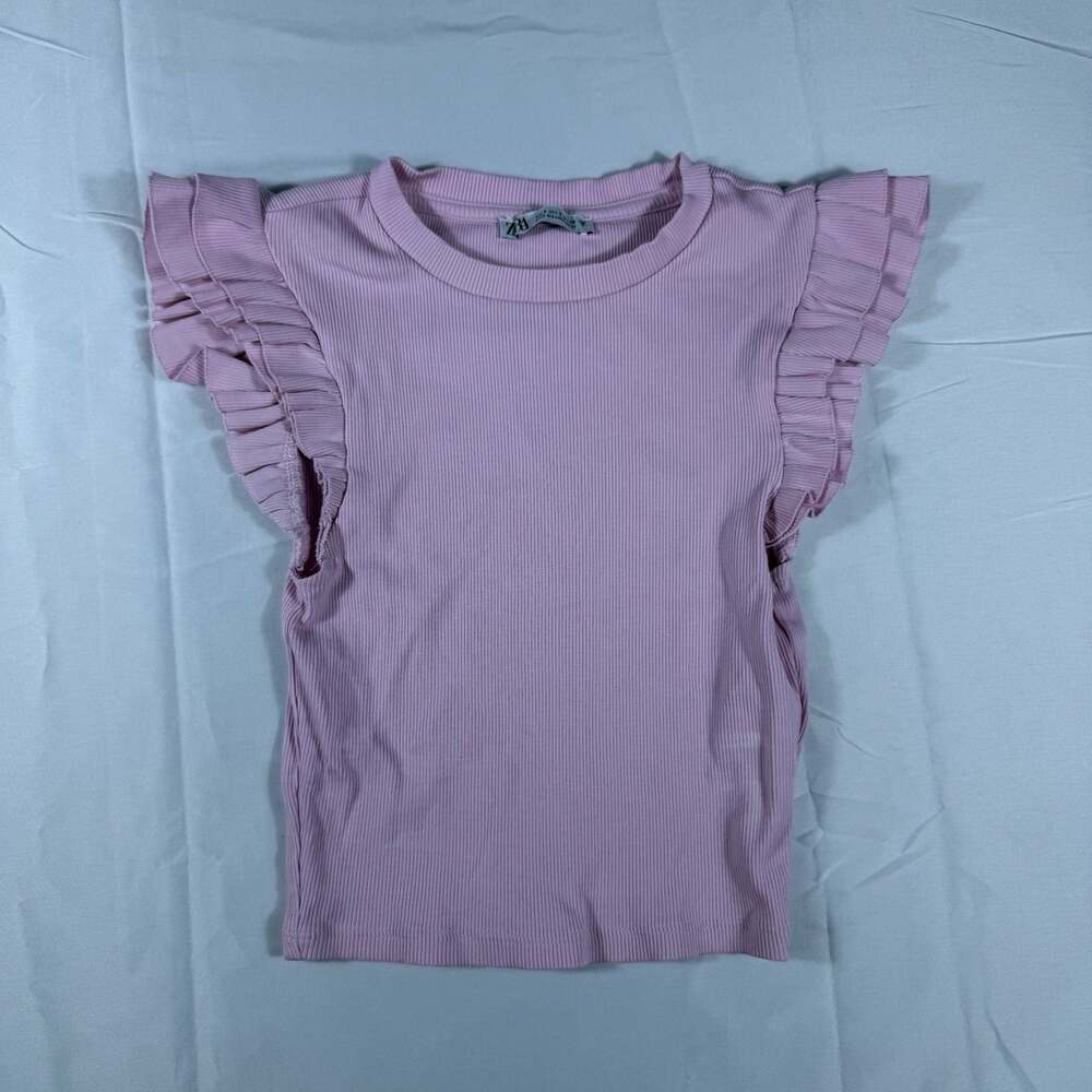 ZARA Women’s Pink Ribbed Ruffle Sleeve Top Size Small S Feminine Statement Tee